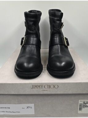 Jimmy Choo Black Leather Buckle Combat Boots EU Size 38